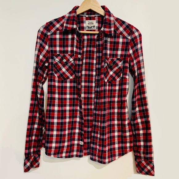 TNA Plaid Flannel Shirt Classic Fit - Blue Red White Button Up Long Sleeve XS - Picture 3 of 7